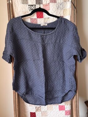 Linen Navy Dot Short Sleeve Blouse